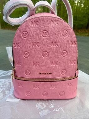 Michael Kors  medium rhea Pink Embossed Logo Mini Backpack with Gold Hardware